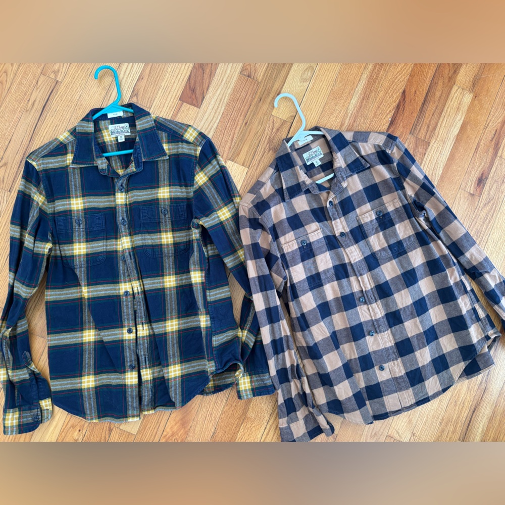 J. Crew Men's Flannel Plaid Button-Down Shirts - Navy, Yellow & Tan